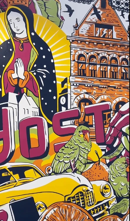 A mural of a woman with a basket of fruit